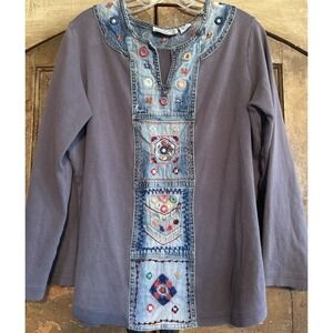 Vtg Venezia Vitale Top Denim Panel Embroidered Mirrors Shirt Womens Pullover Med